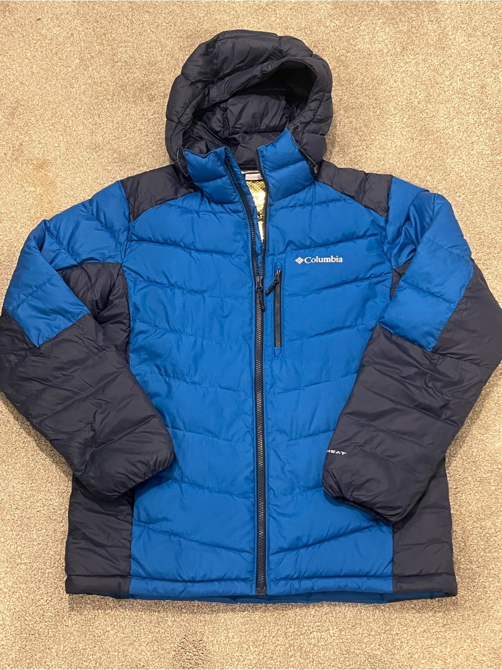 Columbia Blue and Black Hooded Puffer Jacket